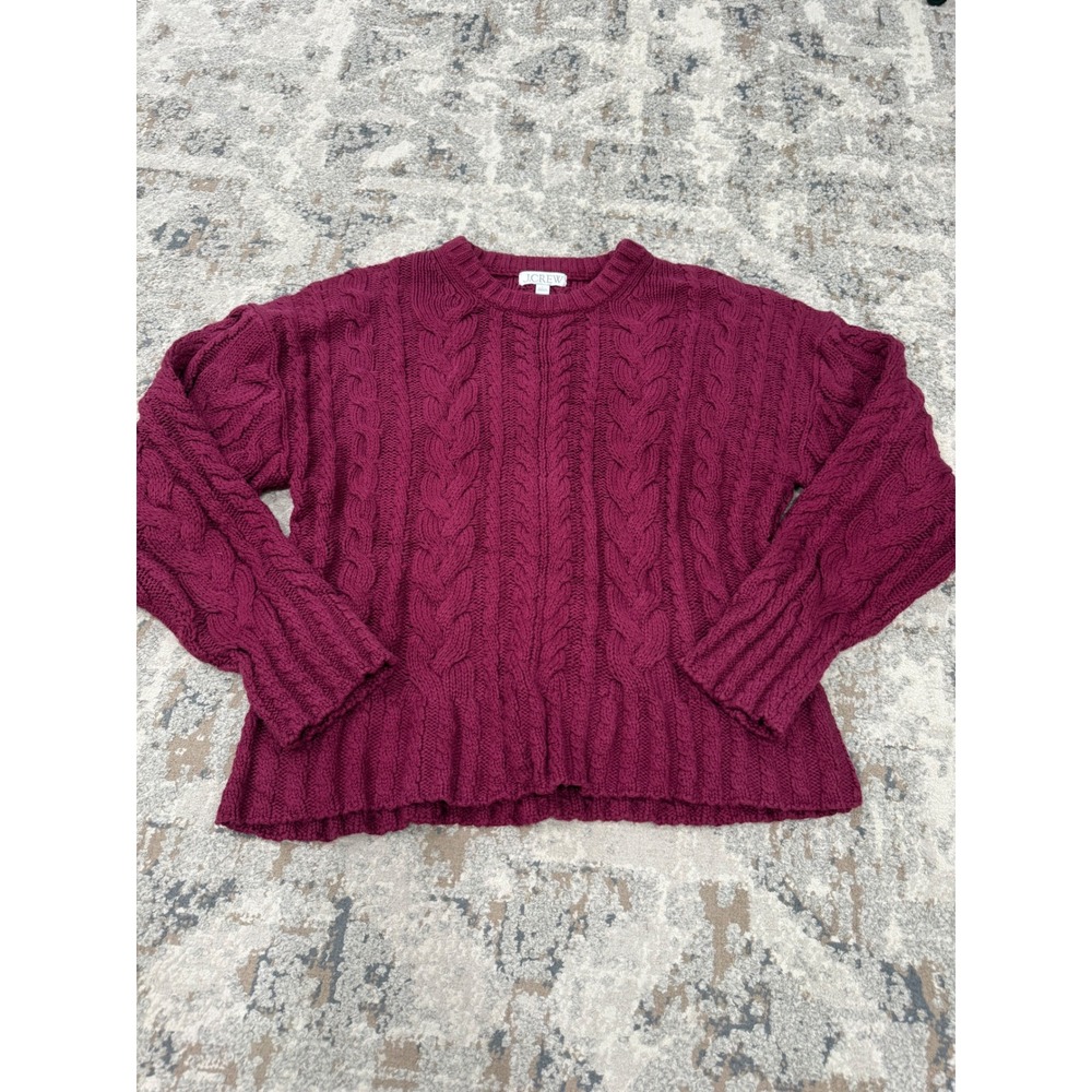 J.Crew Womens Large Burgundy Cable Knit Cotton Crew Neck Sweater Relaxed Fit